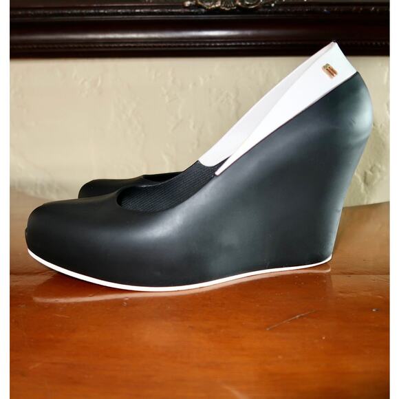 Melissa Black Block Wedges Peep Toe White Detail Pin-up Rockabilly Rubber Size 8 - Picture 4 of 10